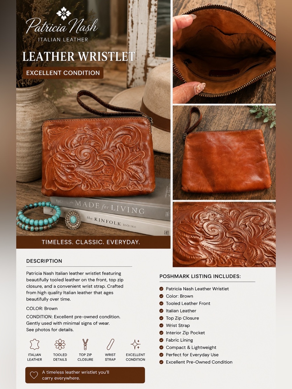 Patricia Nash Cognac Tooled Leather Wristlet